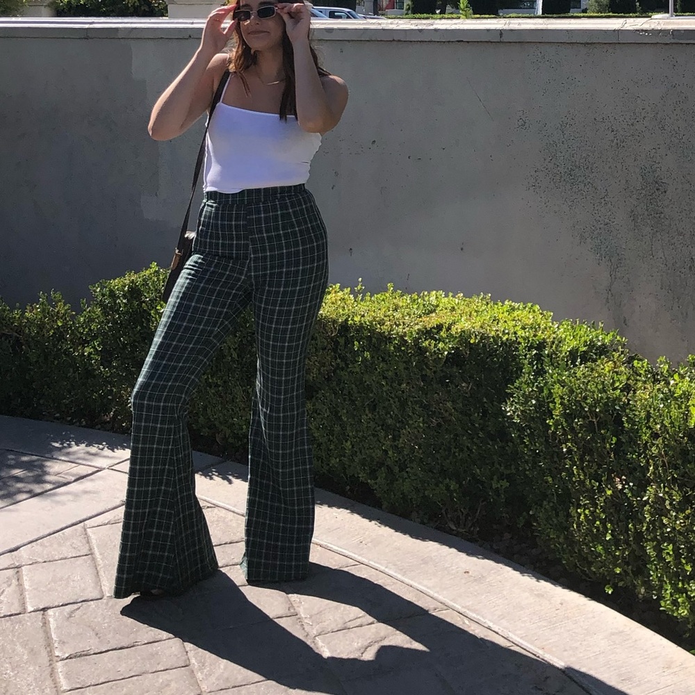 Plaid High-Waisted Flare Pants